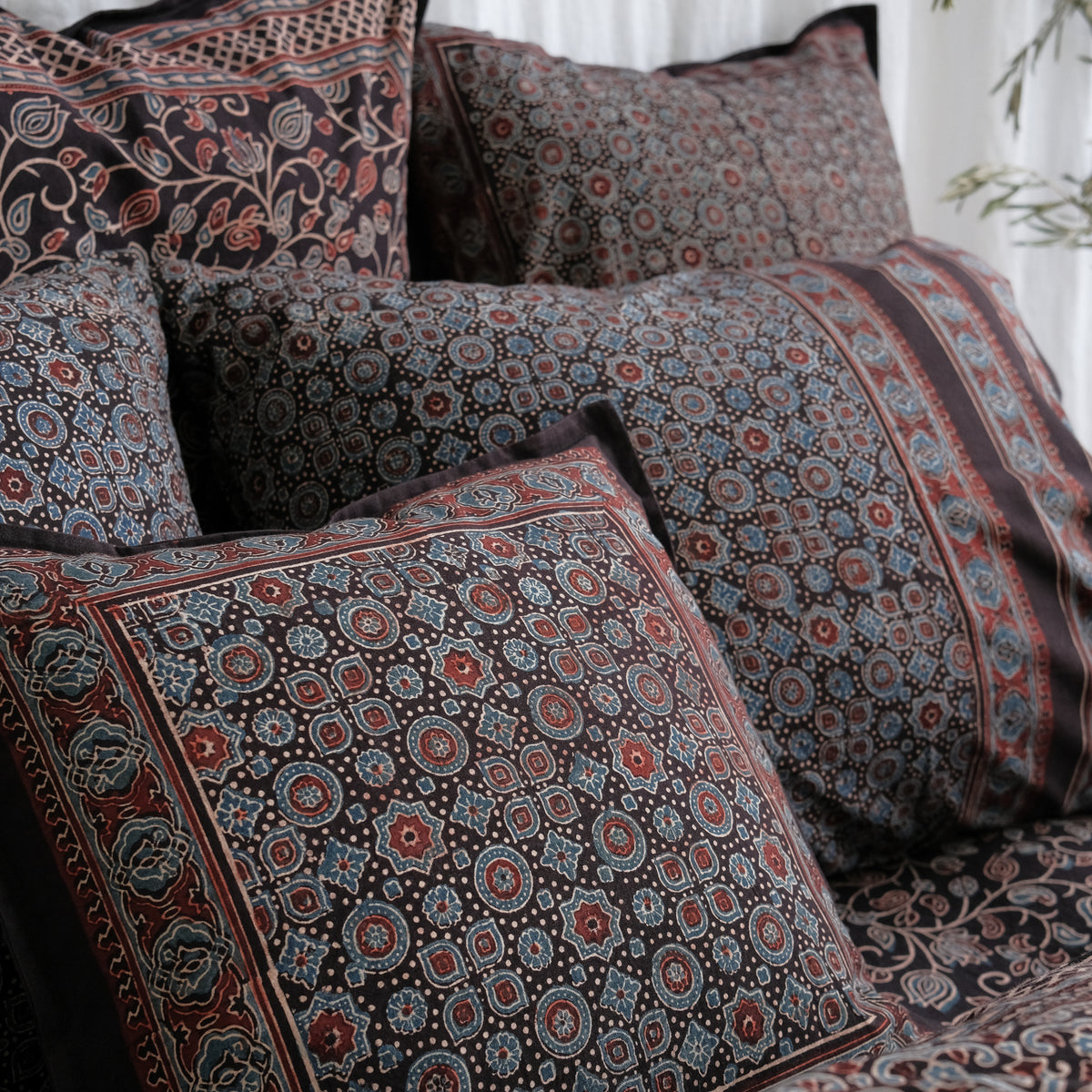 Black - Ajrakh Block Print Cotton Cushion Cover 18