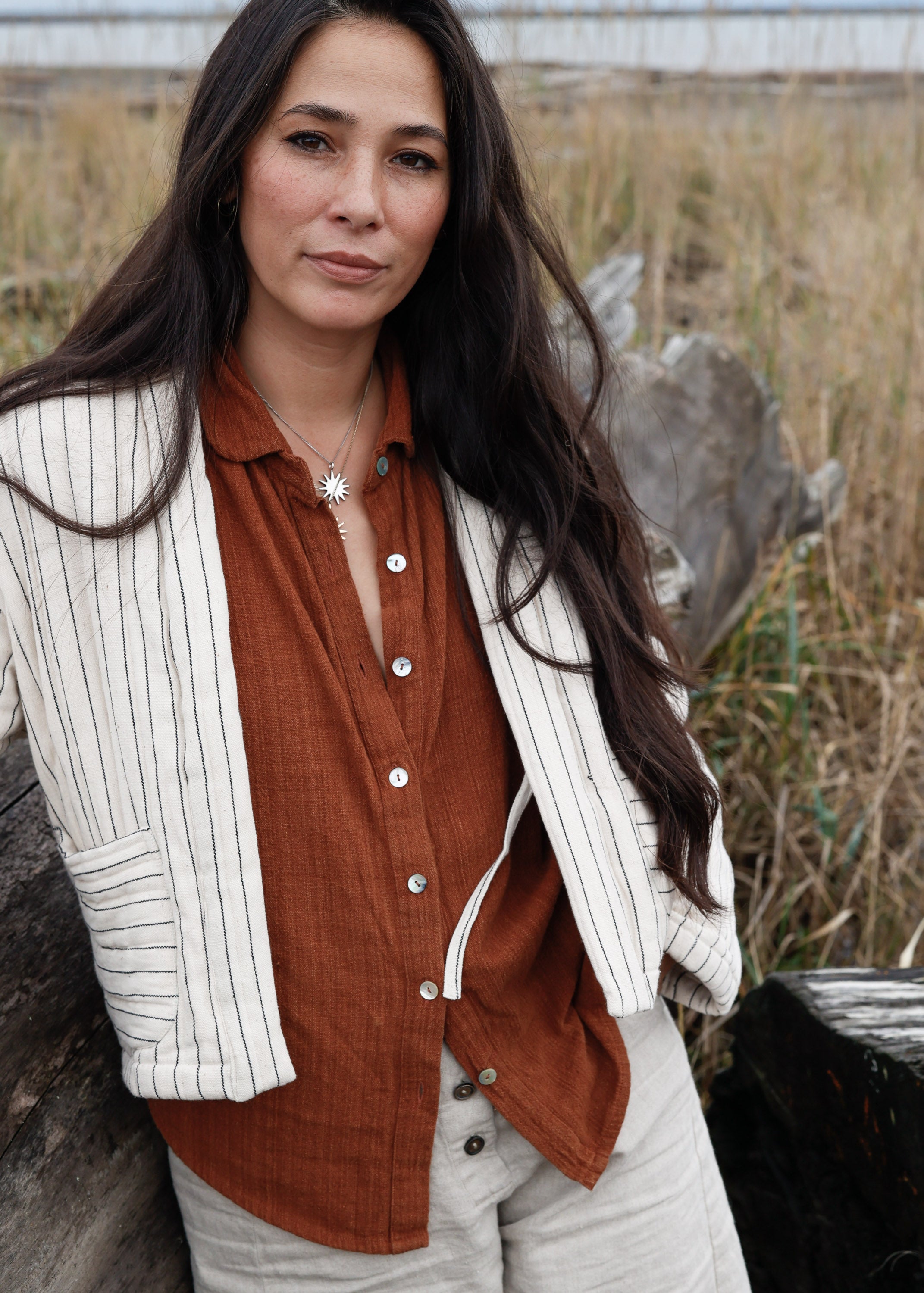 Quilted Juniper Jacket - Handwoven Cotton - Fine Stripe– MAIWA
