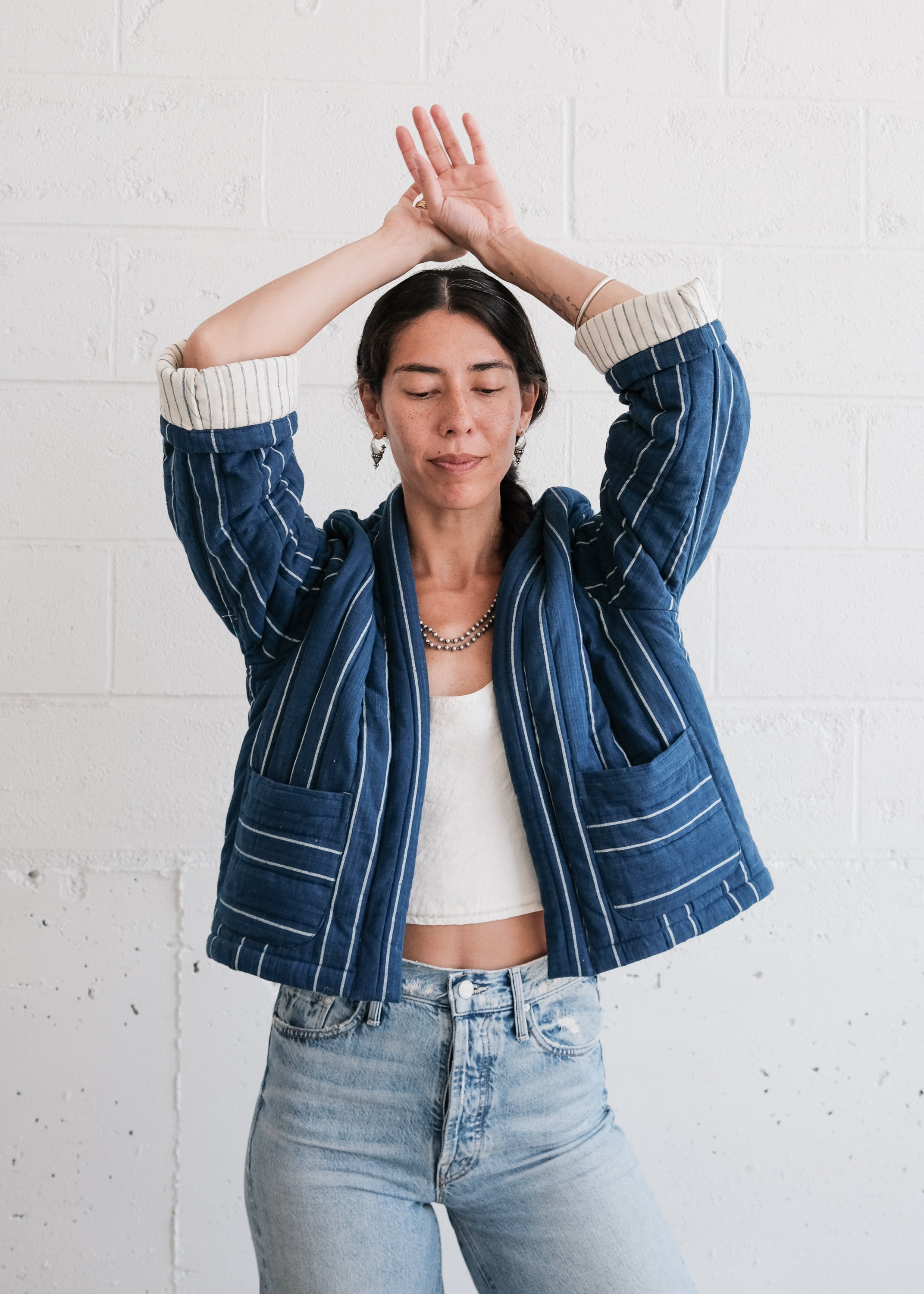 Quilted Juniper Jacket - Handwoven Cotton - Indigo Stripe– MAIWA Quilted Juniper Jacket - Handwoven Cotton - Indigo Stripe– MAIWA