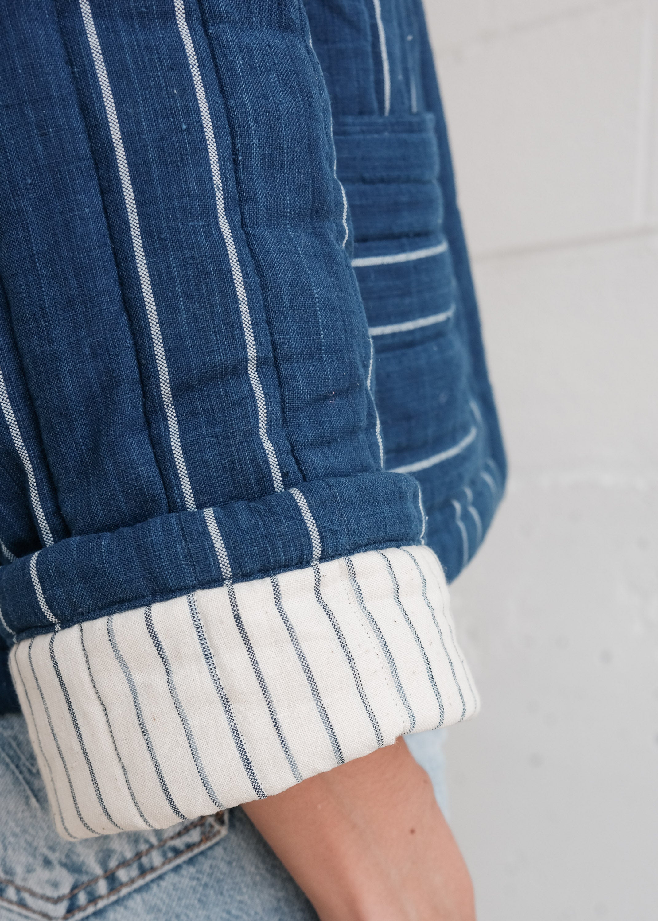 Quilted Juniper Jacket - Handwoven Cotton - Indigo Stripe– MAIWA Quilted Juniper Jacket - Handwoven Cotton - Indigo Stripe– MAIWA