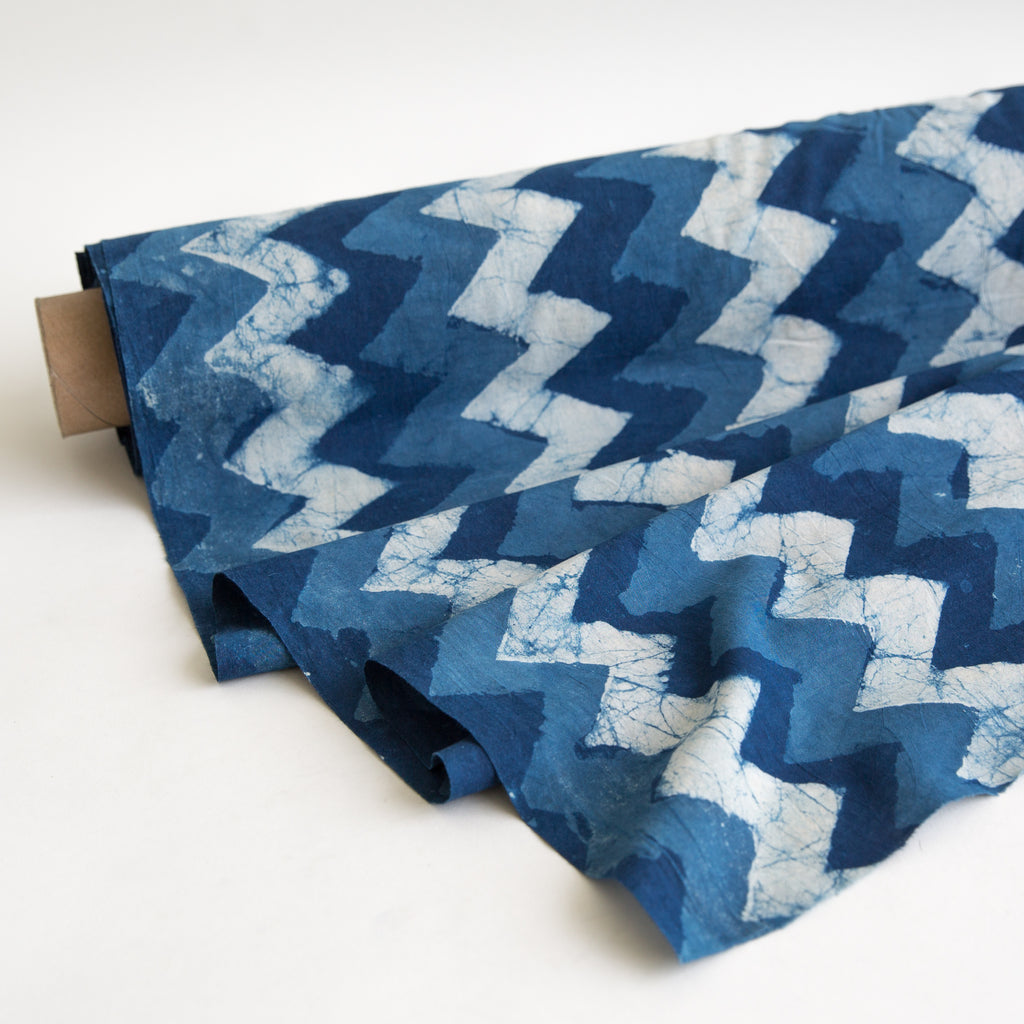 Organic Cotton Fabric Block Printed with Natural Indigo, 3 Tone zig zag