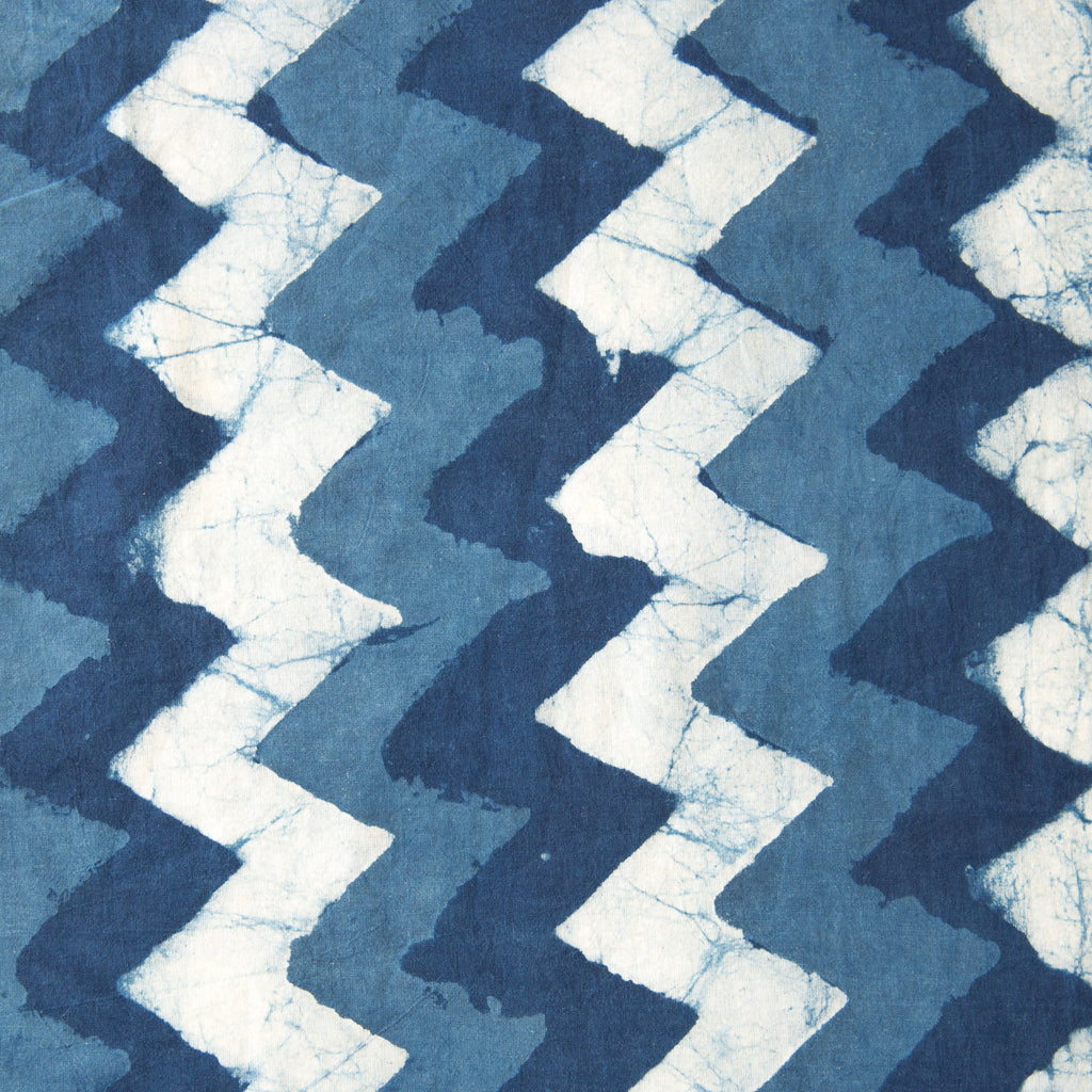 Organic Cotton Fabric Block Printed with Natural Indigo, 3 Tone zig zag