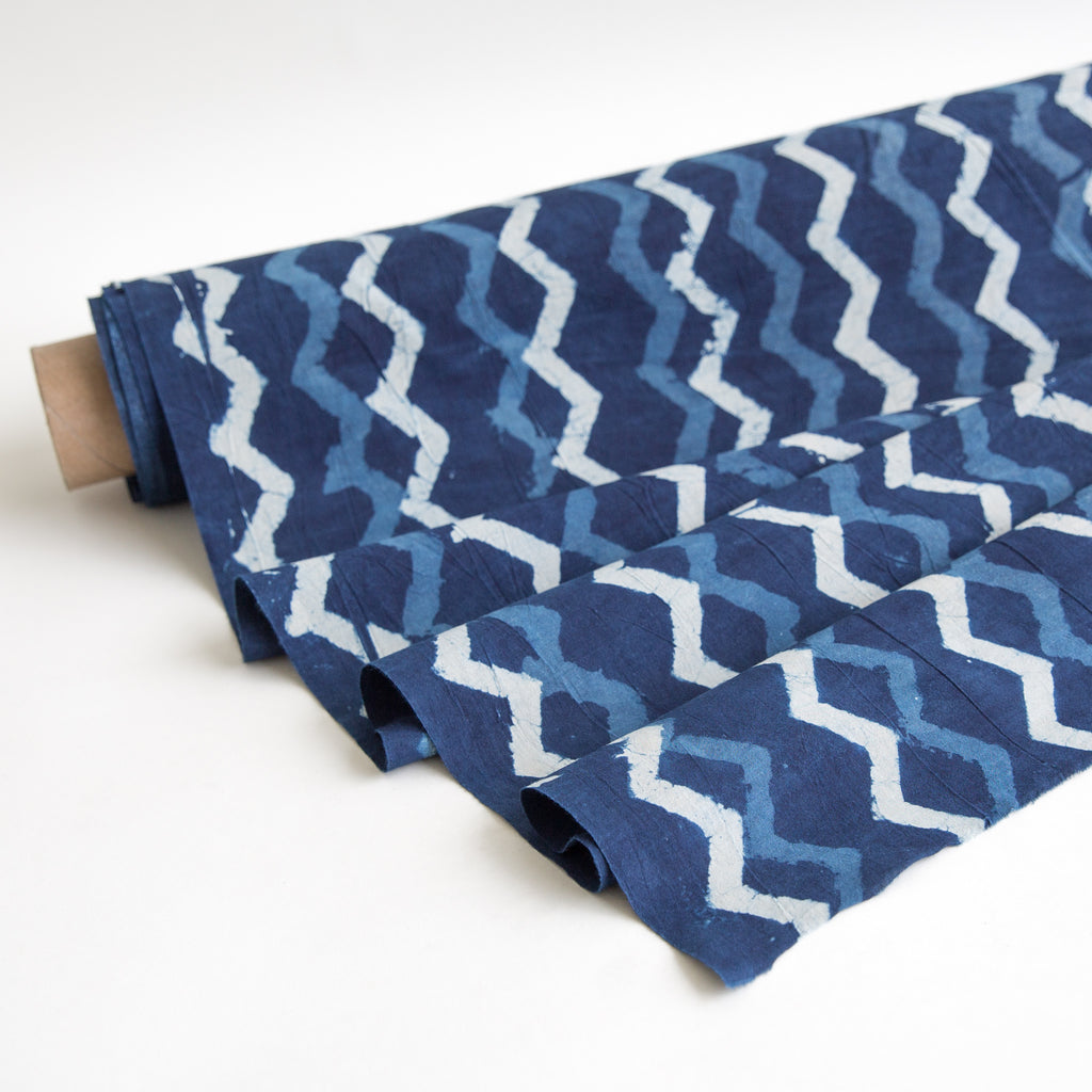 zig zag organic cotton yardage block printed with natural indigo fabric