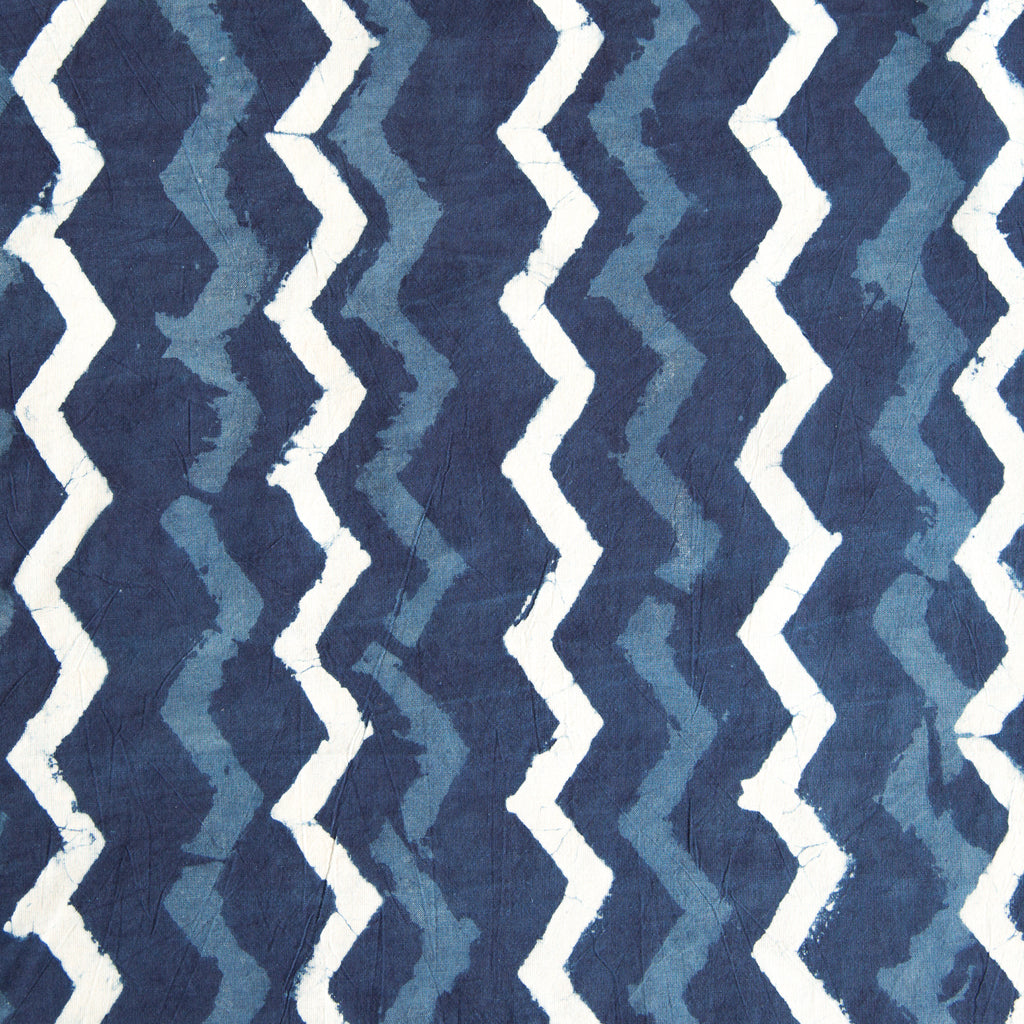 zig zag organic cotton yardage block printed with natural indigo fabric