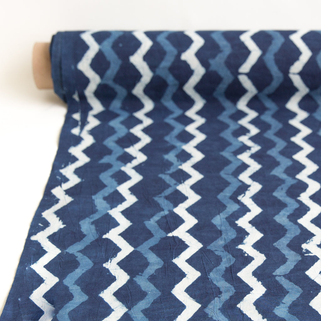 zig zag organic cotton yardage block printed with natural indigo fabric