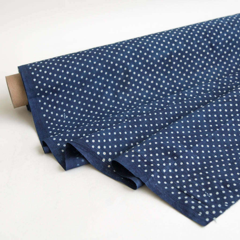 polka dot organic cotton yardage block printed with natural indigo fabric