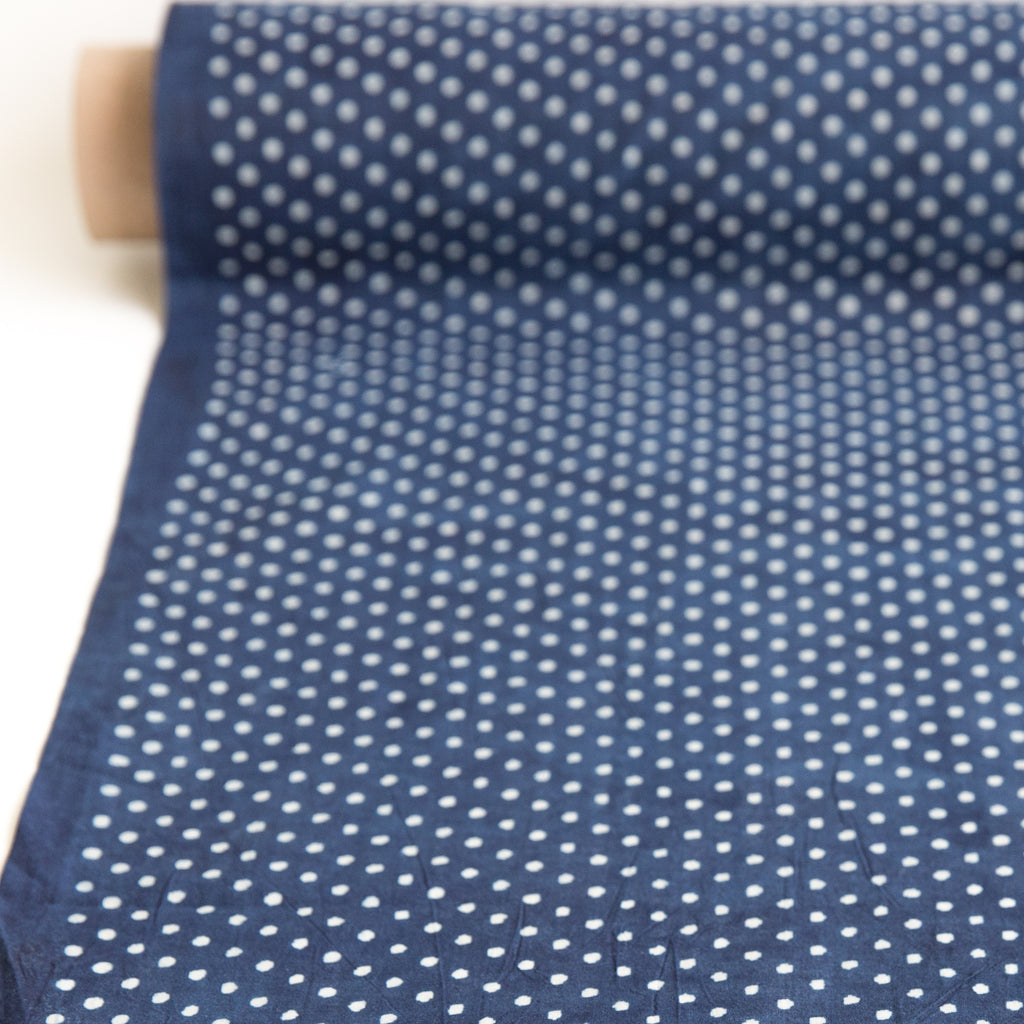 polka dot organic cotton yardage block printed with natural indigo fabric