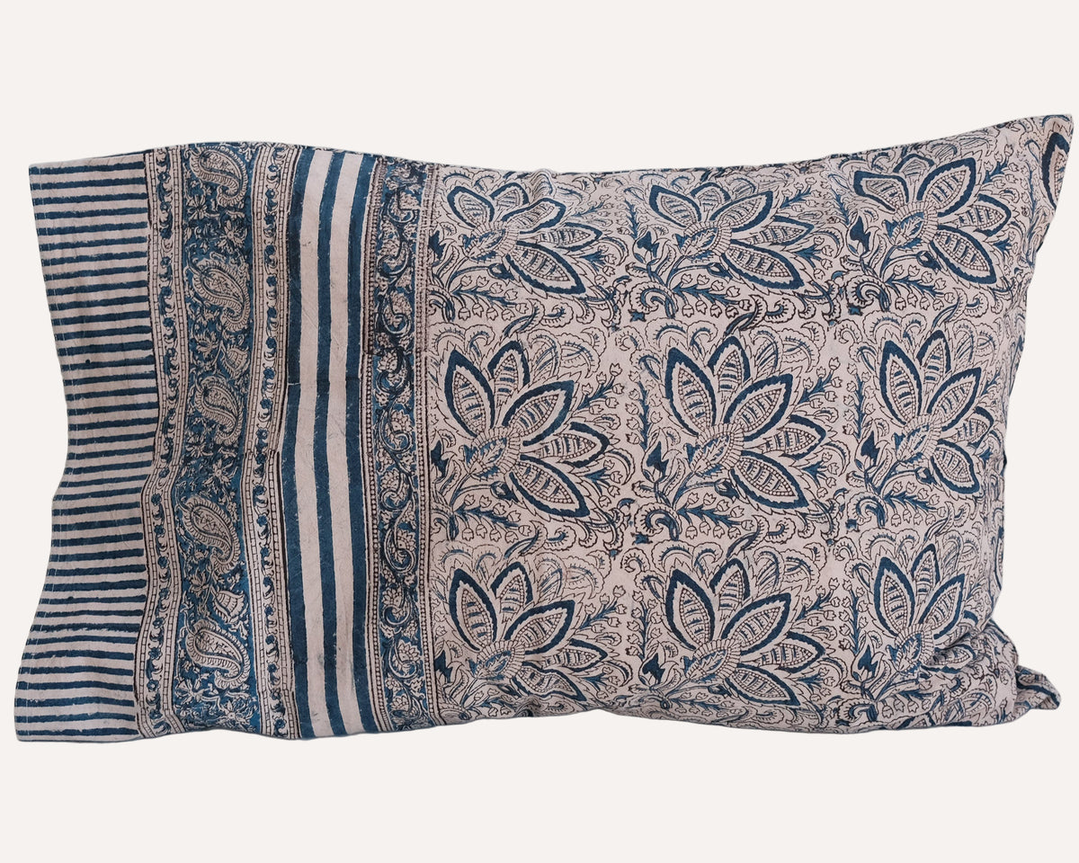 Organic Cotton Pillow Case Kalamkari Indigo Bloom MAIWA