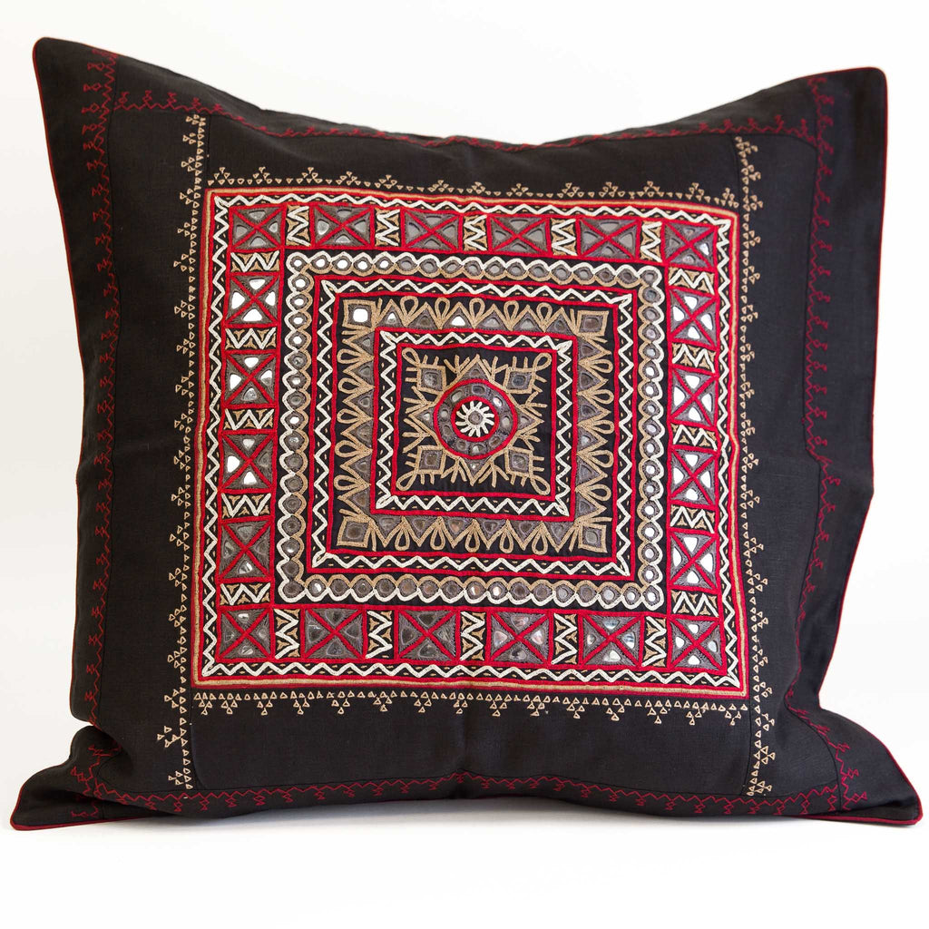 Rabari 24" gold and brown Embroidered motif on black linen cushion cover from kachchh with Maiwa